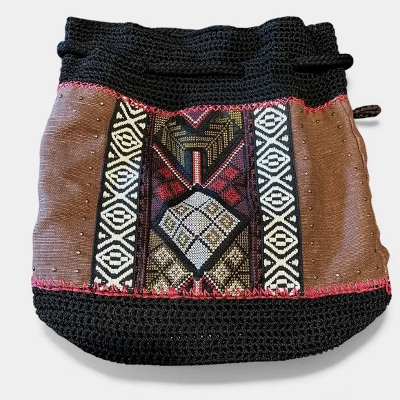 The Sak Vintage Crochet Sayulita Drawstring Backpack Bohemian Black Brown - Picture 1 of 13